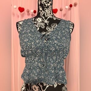 Pink Rose Blue Floral Tie-Front Sleeveless Tank